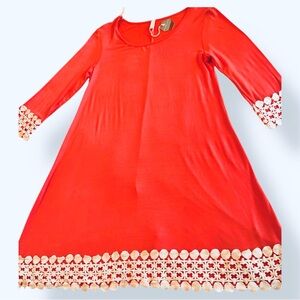 PINKBLUSH Coral Knit Midi Dress w Ivory Lace Trim